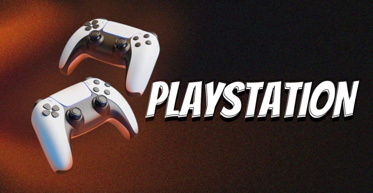 Two Playstation 5 controllers on a dark background, with the word "PLAYSTATION" overlaid.