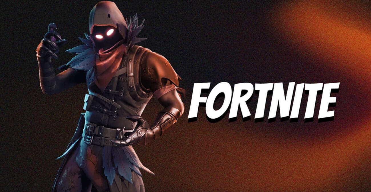 Raven Fortnite skin, dark hooded figure, glowing eyes.