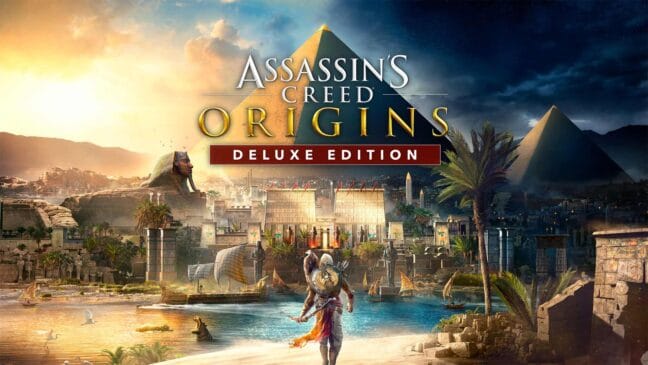 Assassin's Creed Origins Deluxe Edition cover art: Bay, pyramids, and protagonist.