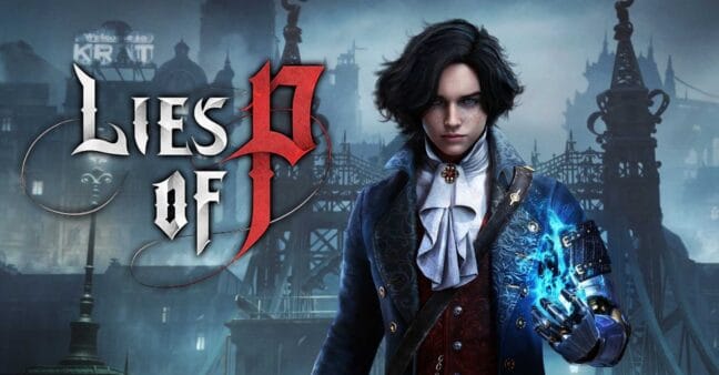Lies of P: A stylish young man with a prosthetic arm, glowing blue energy emanating from his hand.