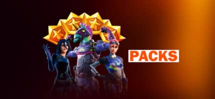 Video game characters with stars and packs text