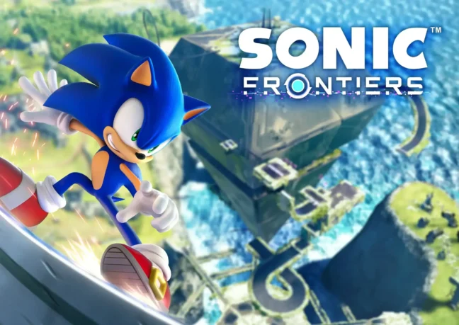 Sonic the Hedgehog speeds across a futuristic landscape in Sonic Frontiers, available for PS4 & PS5.