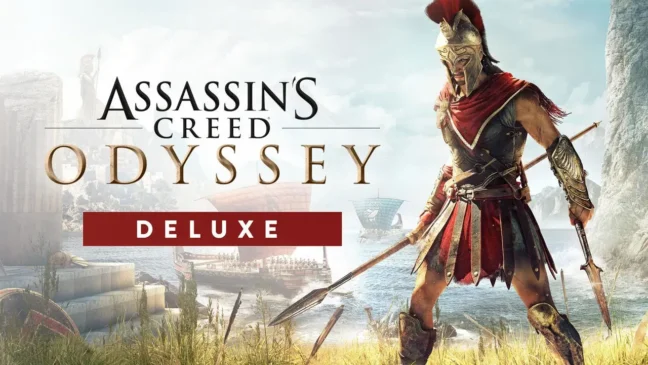 Assassin's Creed Odyssey Deluxe Edition cover art featuring a Spartan warrior.