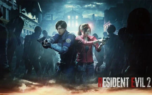 Leon and Claire, Resident Evil 2 protagonists, fight zombies in the rain.