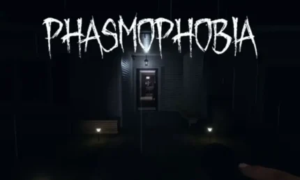 Gran Turismo® 7 Dark house entrance at night, rain falling; Phasmophobia title overlay.