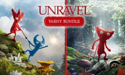Unravel Yarny Bundle: Two yarn creatures, one red, one blue, in scenic landscapes.